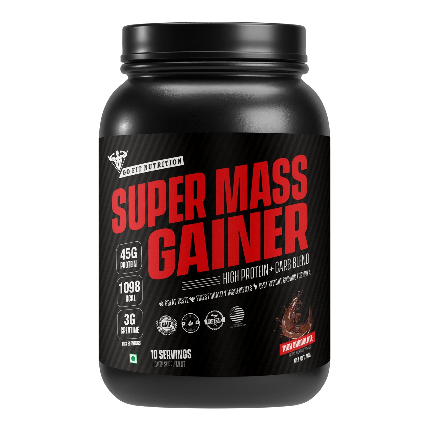 Super Mass Gainer (Rich Chocolate, 1Kg / 2.2Lbs, 10 Servings) | With Complex Carbs, High Protein & Digestive Enzymes
