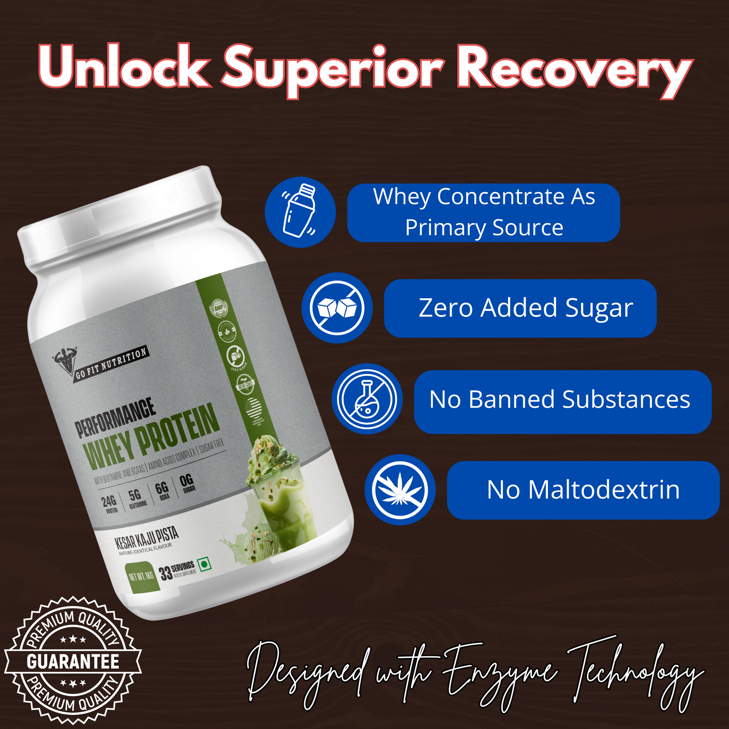 Performance Whey Protein Concentrate with Digestive Enzymes - 24g Protein, 6g BCAA, 5g Glutamine - (Kesar Kaju Pista, 1kg / 2.2lb - 33 Servings)
