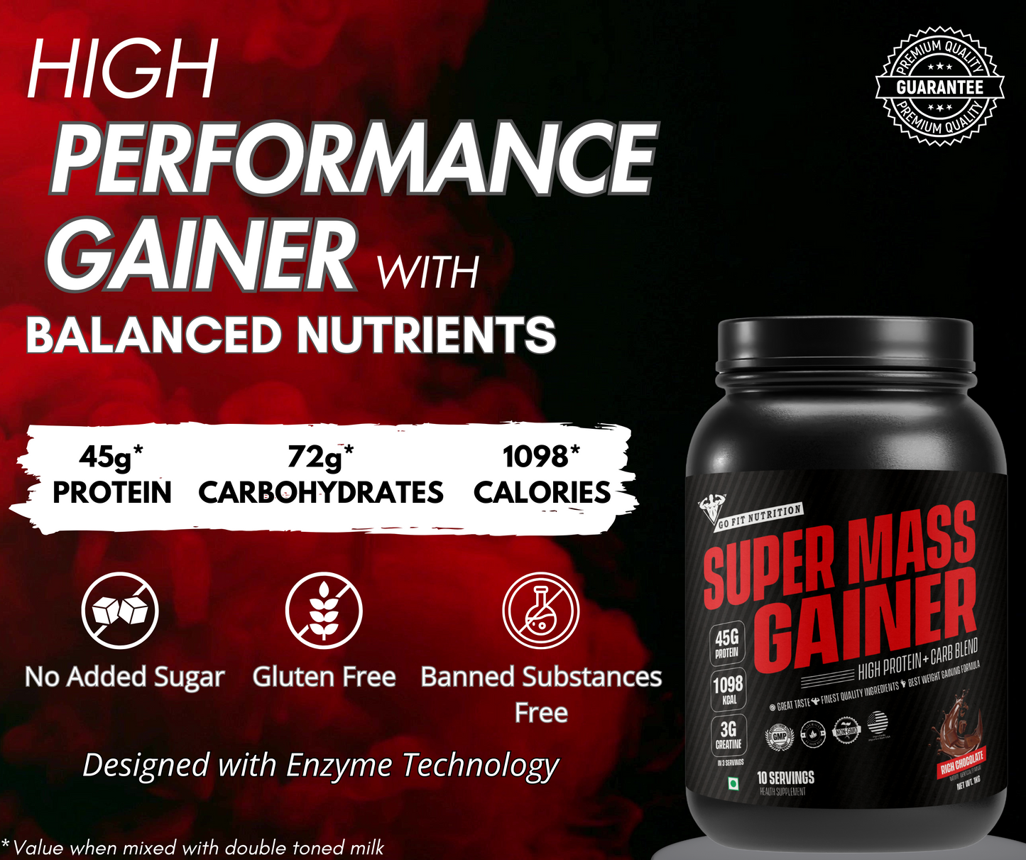Super Mass Gainer (Rich Chocolate, 1Kg / 2.2Lbs, 10 Servings) | With Complex Carbs, High Protein & Digestive Enzymes