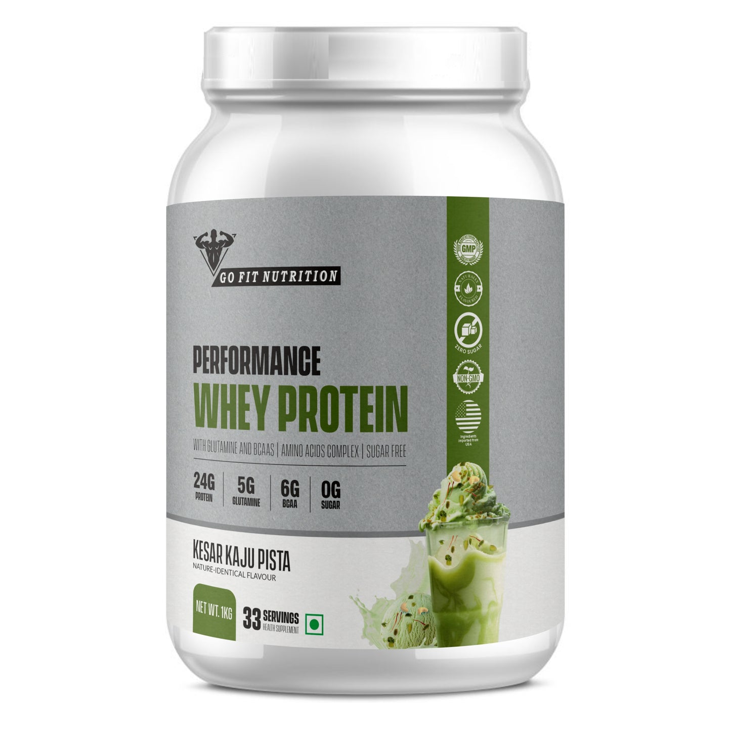 Performance Whey Protein Concentrate with Digestive Enzymes - 24g Protein, 6g BCAA, 5g Glutamine - (Kesar Kaju Pista, 1kg / 2.2lb - 33 Servings)