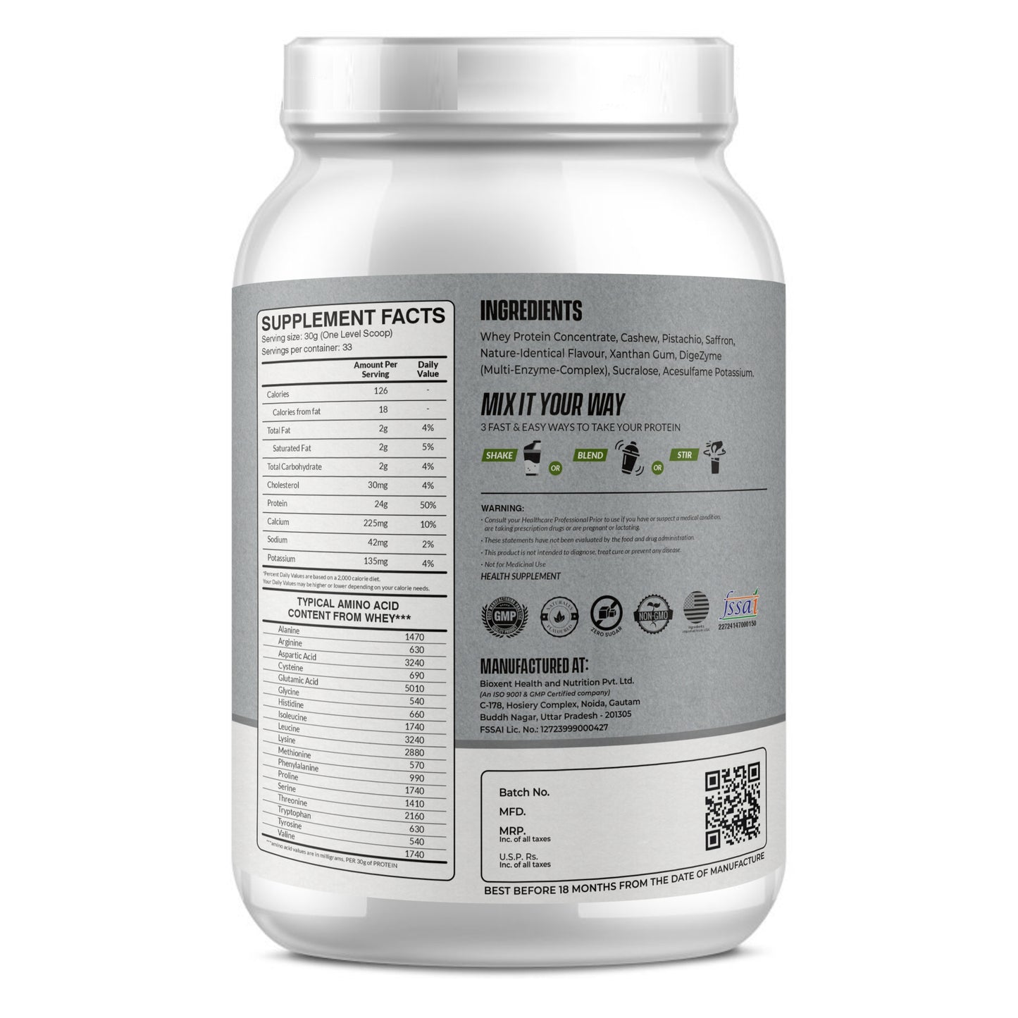 Performance Whey Protein Concentrate with Digestive Enzymes - 24g Protein, 6g BCAA, 5g Glutamine - (Kesar Kaju Pista, 1kg / 2.2lb - 33 Servings)