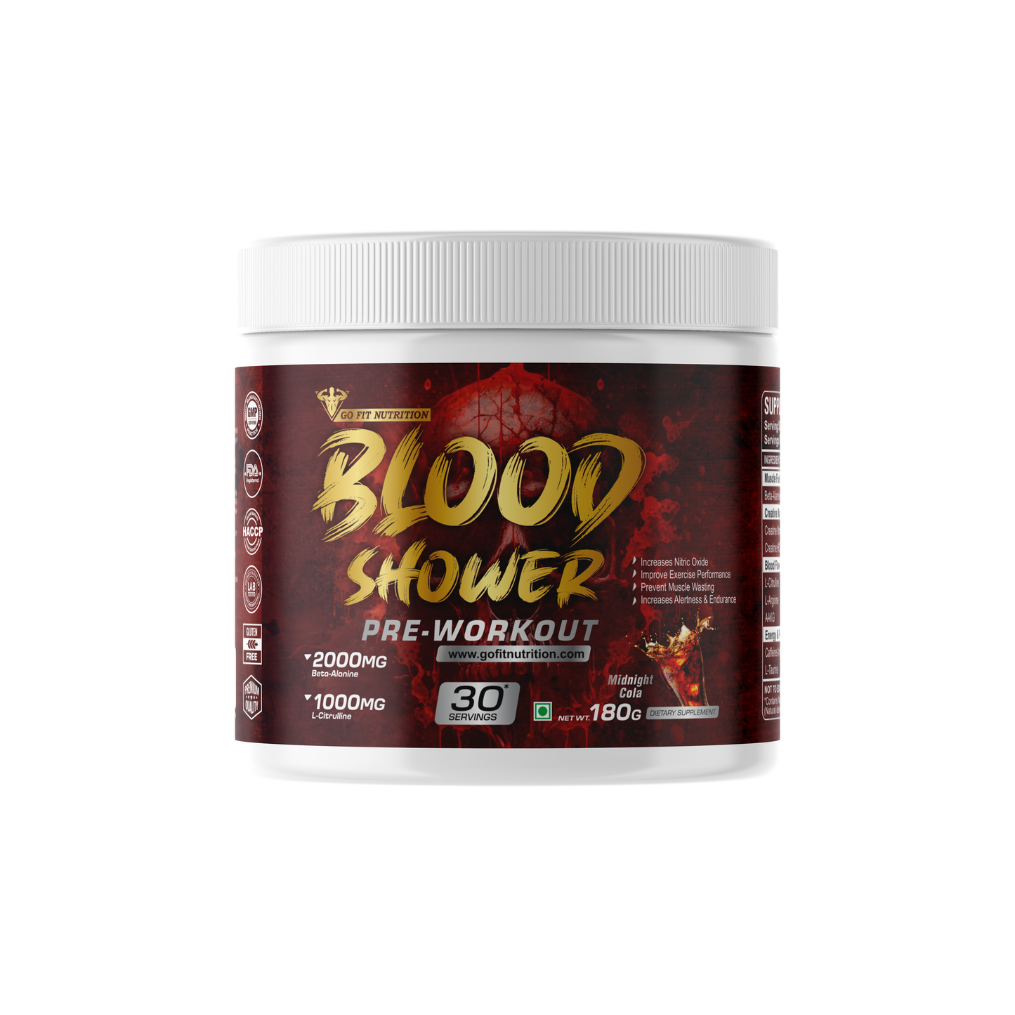 Go Fit Nutrition Blood Shower Pre-Workout Energy Drink (Midnight Cola - 180g, 30 Servings)