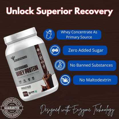 Performance Whey Protein Concentrate with Digestive Enzymes - 24g Protein, 6g BCAA, 5g Glutamine - (Chocolate Bliss, 1kg / 2.2lb - 33 Servings)