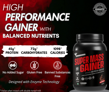 Super Mass Gainer (Rich Chocolate, 1Kg / 2.2Lbs, 10 Servings) | With Complex Carbs, High Protein & Digestive Enzymes