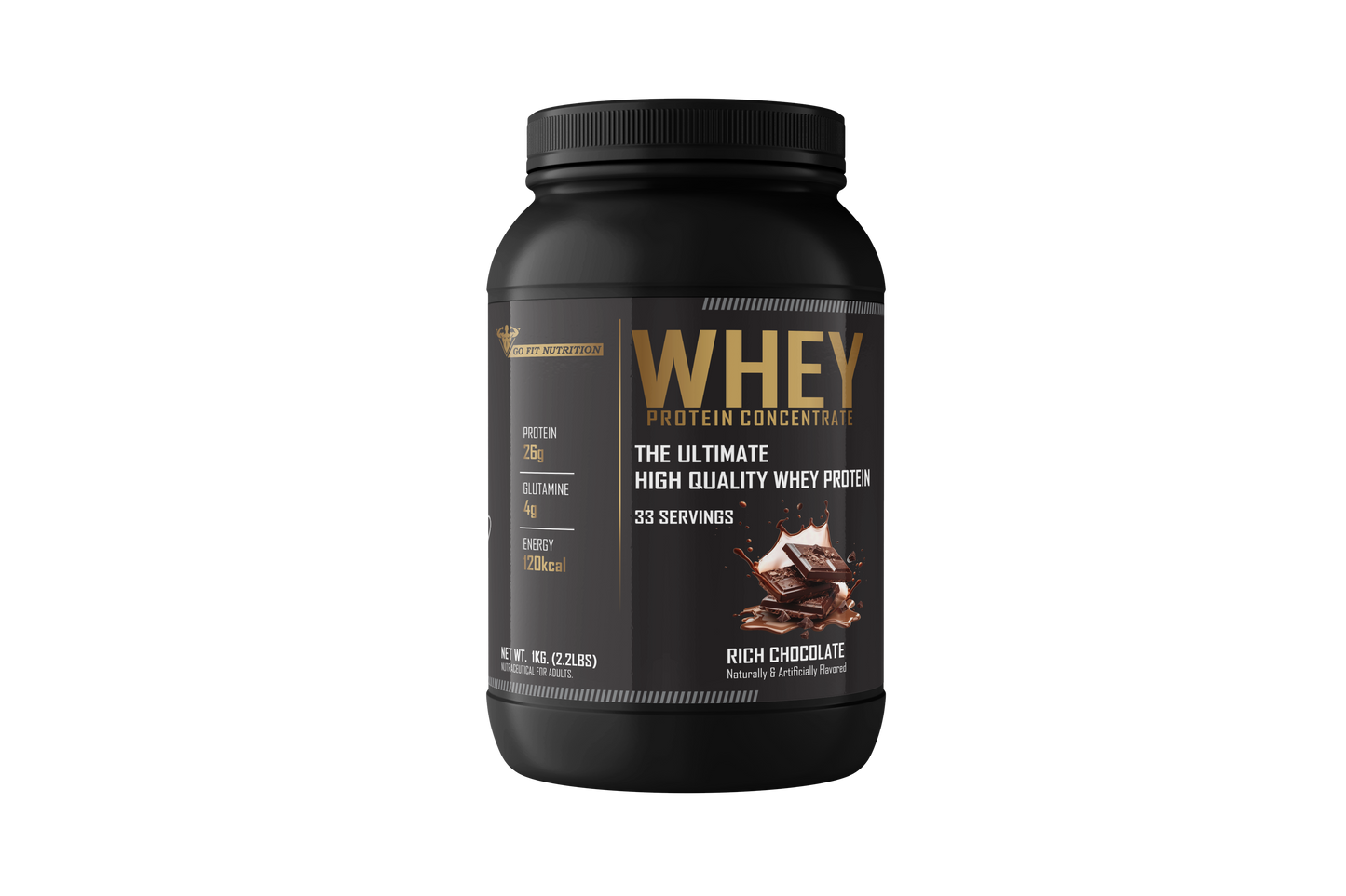 Whey Protein Concentrate with Digestive Enzymes - 26g Protein, 6g BCAA, 4g Glutamine - (Rich Chocolate, 1kg / 2.2lb - 33 Servings)