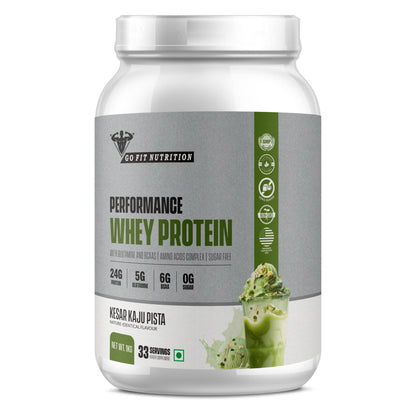 Performance Whey Protein Concentrate with Digestive Enzymes - 24g Protein, 6g BCAA, 5g Glutamine - (Kesar Kaju Pista, 1kg / 2.2lb - 33 Servings)