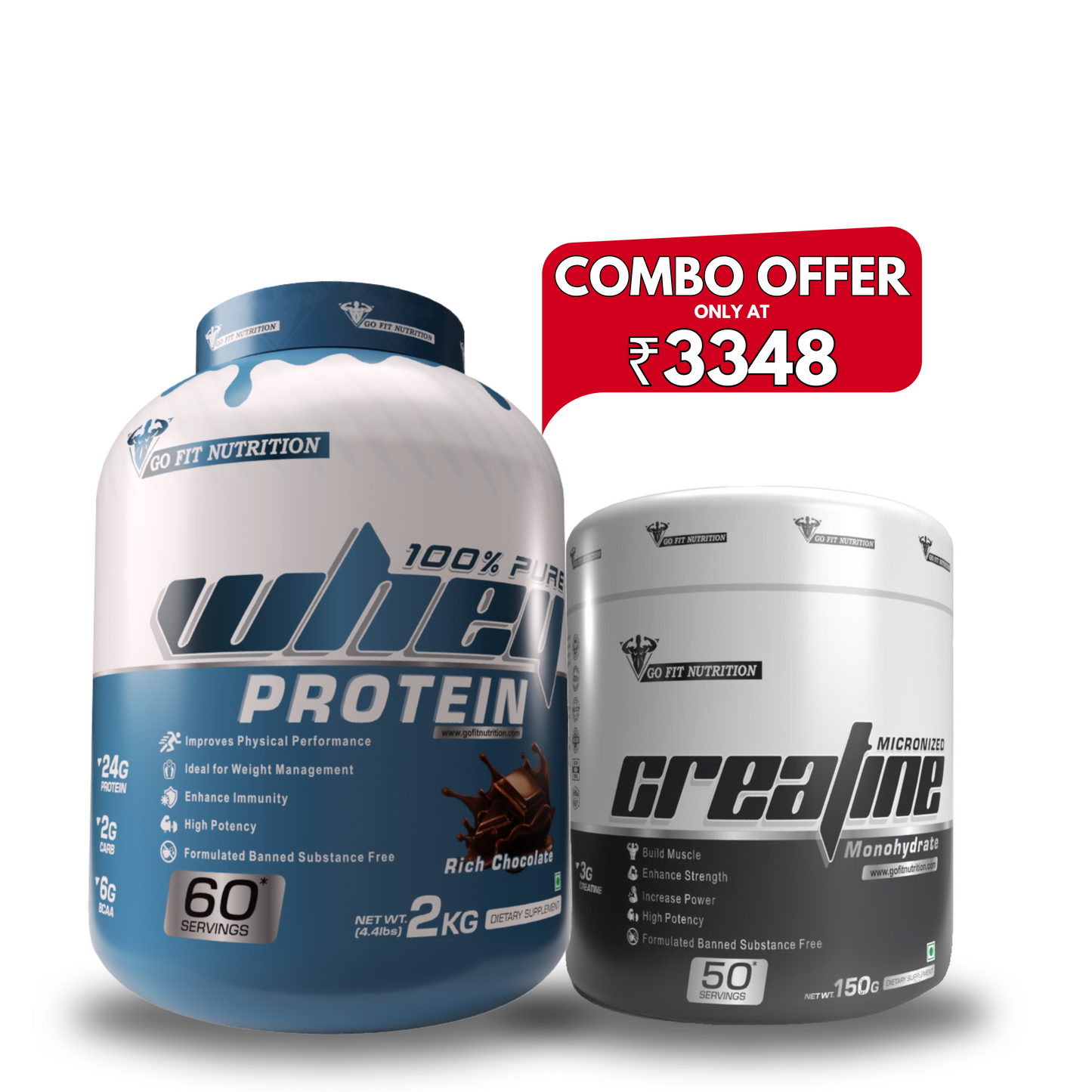 Go Fit Nutrition Combo (Whey Protein 2kg + Creatine Monohydrate 150g) Rich Chocolate | Unflavored